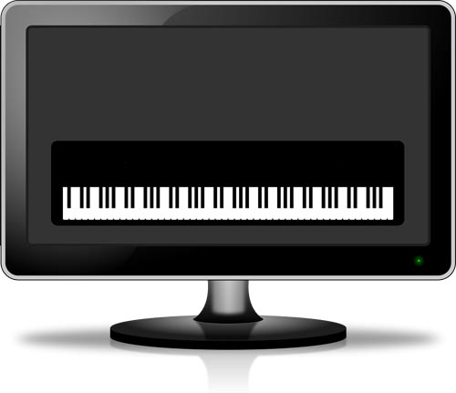 PC monitor showing piano keyboard, the white keys appearing as one due to the camera's over exposure