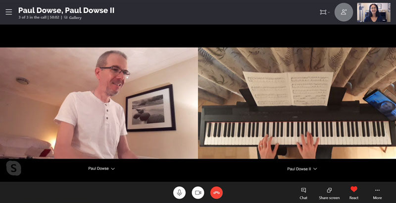 Skype screenshot showing Suzanne&apos views of pupil and piano keyboard